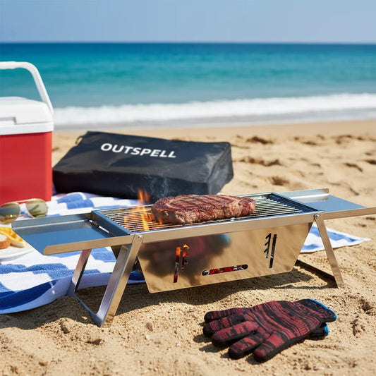 COMBO PARRILLA PORTÁTIL: PARRILLA PLEGABLE + FUNDA + GUANTES