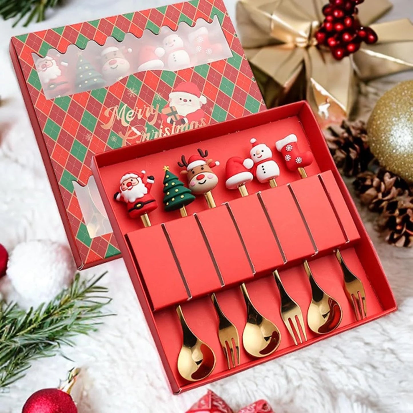 Juego de Cubiertos 6 Piezas Cucharillas y Tenedores para postre Hermoso diseño de Navidad 🎄