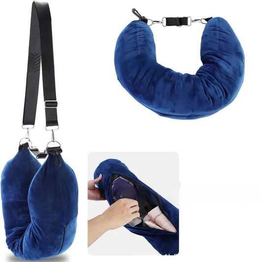 Almohada de viaje ergonómica, rellenable con ropa para mayor comodidad y practicidad.