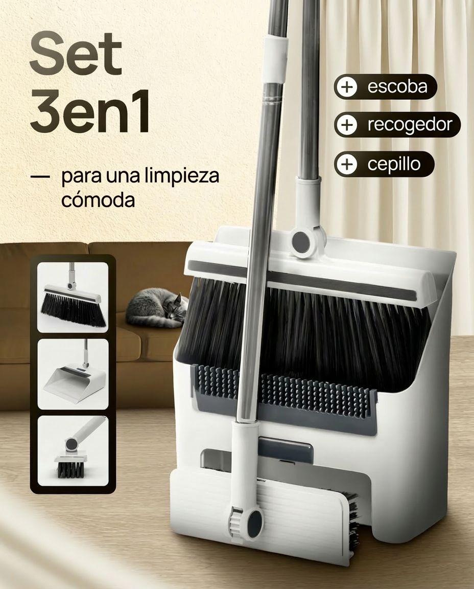 Set Limpieza 3 en 1: Escoba, recogedor y cepillo - estético y fácil de guardar