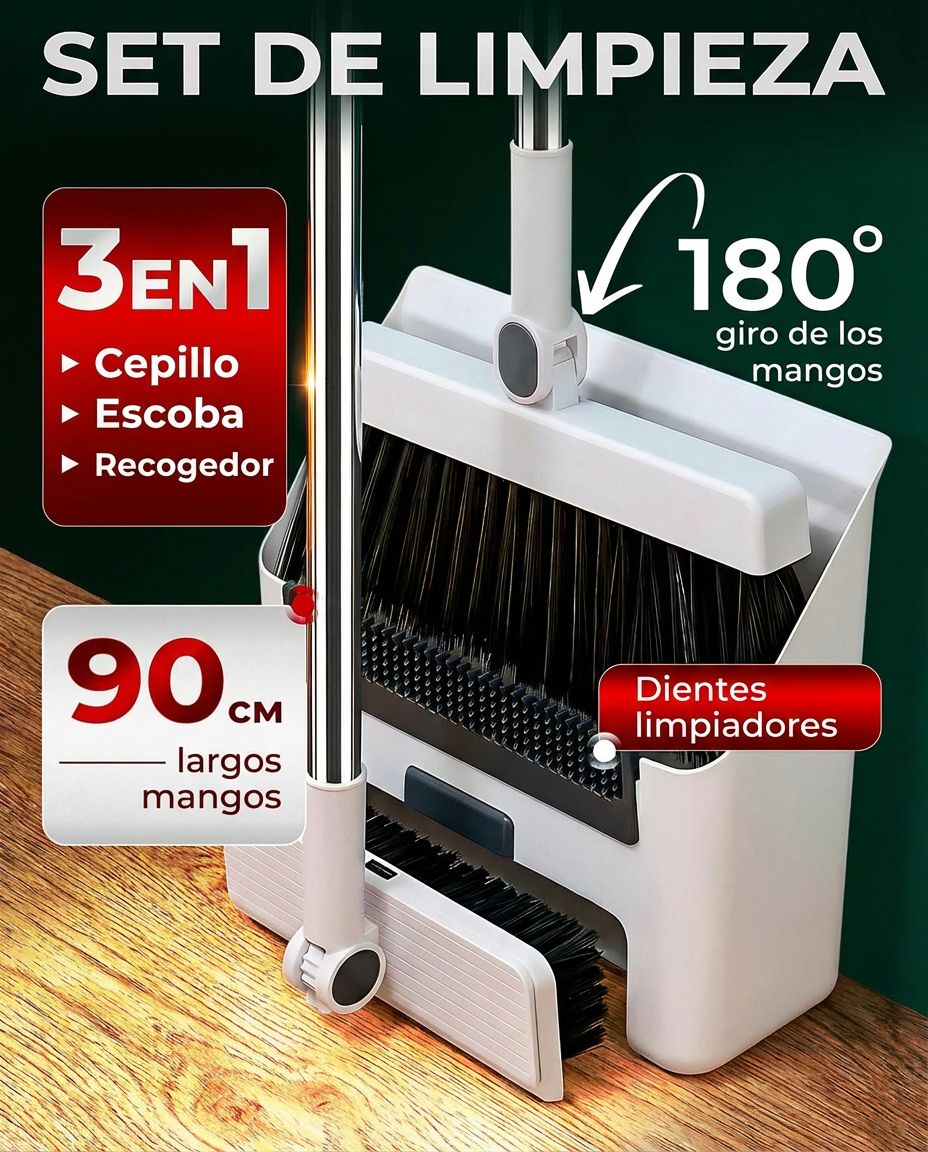 Set Limpieza 3 en 1: Escoba, recogedor y cepillo - estético y fácil de guardar