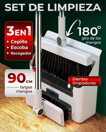 Set Limpieza 3 en 1: Escoba, recogedor y cepillo - estético y fácil de guardar
