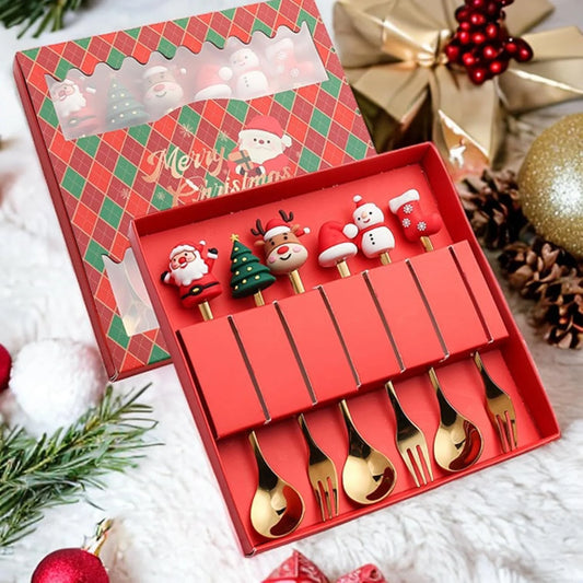 Juego de Cubiertos 6 Piezas Cucharillas y Tenedores para postre Hermoso diseño de Navidad 🎄