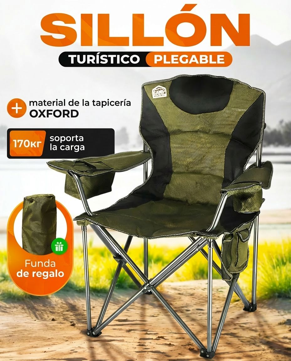 Sillón Plegable de Camping Verde con bolso y tela impermeable